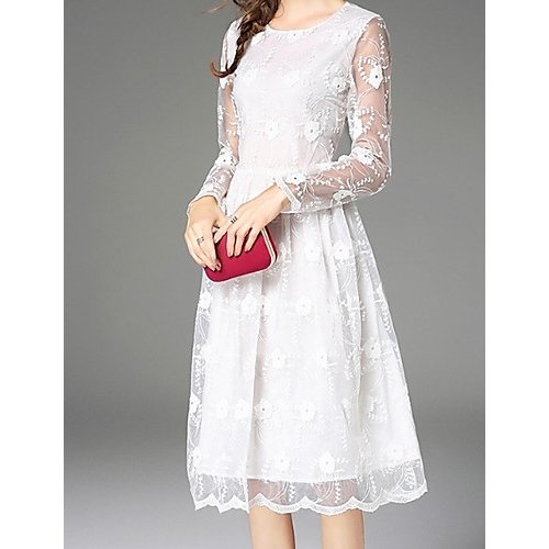 Women Daily Going out Sophisticated Flare Sleeve Slim Skater Dress, Solid Colored Lace High Waist