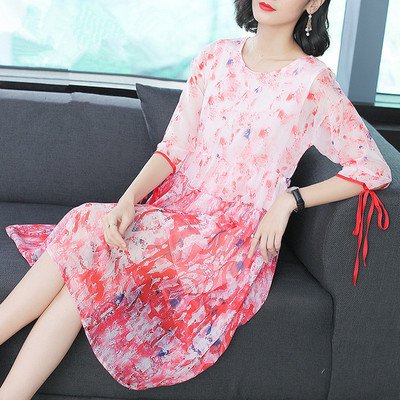 Loose was thin printed silk chiffon dress female