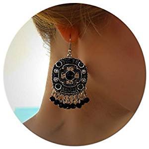 Large antique silver ring long statement unique retro retro big round black stone dangle earrings