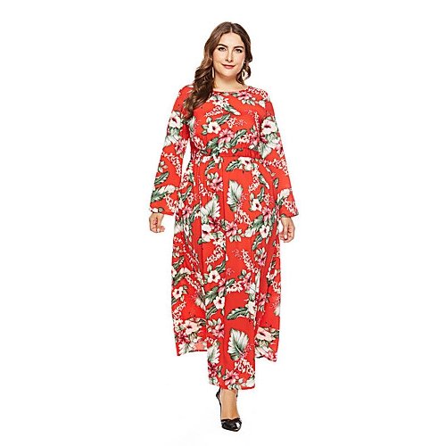 Women Plus Size holiday, stylish, elegant slim sheath, swing dresses, floral high waist red