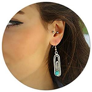 Elegant retro unique antique silver turquoise stone statement vintage long earrings