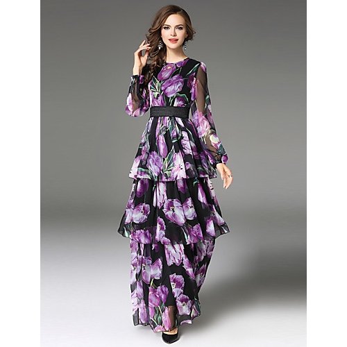 Women go retro, sophisticated line, chiffon dress, patchwork layered