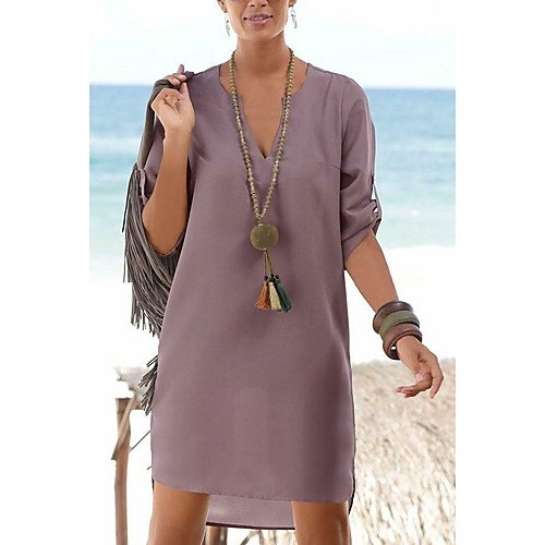 Women dress elegant mini shift dress, solid color V-neck